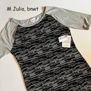 Medium Lularoe Julia dress, black with white stripes, grey sleeves